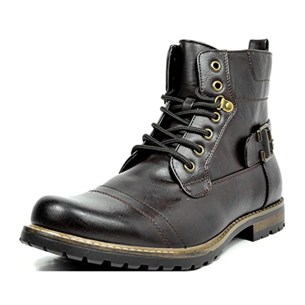Men's Side Zipper Motorcycle Combat Boots - DARK BROWN -  0
